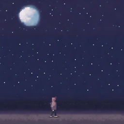 Generate a larger pixel art image of a person wearing a sweater, looking sad and walking in the night