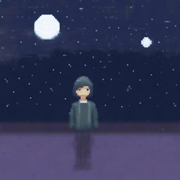 Generate a larger pixel art image of a person wearing a sweater, looking sad and walking in the night