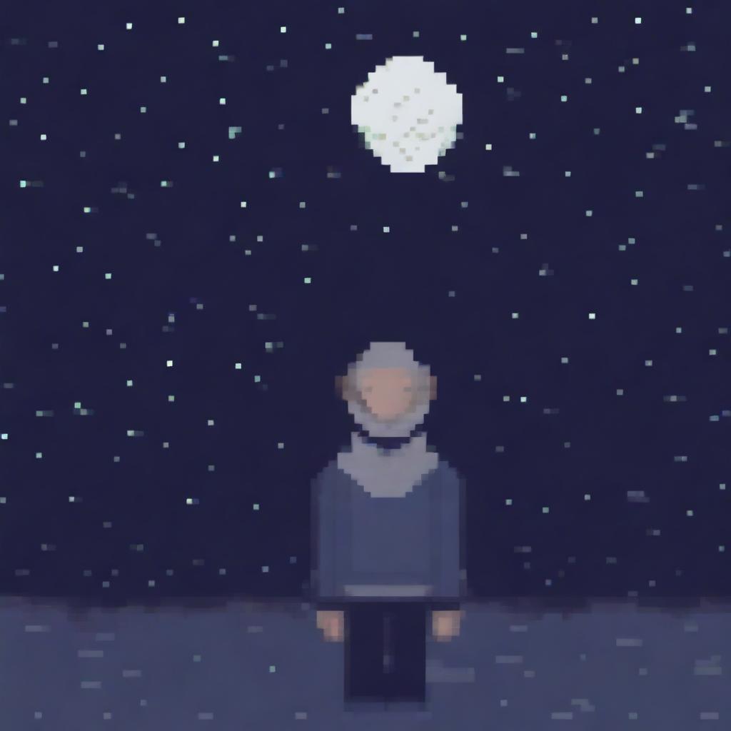 Generate a larger pixel art image of a person wearing a sweater, looking sad and walking in the night