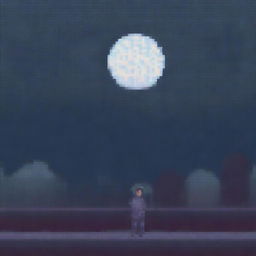 Generate a pixel art image of a person wearing a sweater, looking sad and walking in the night