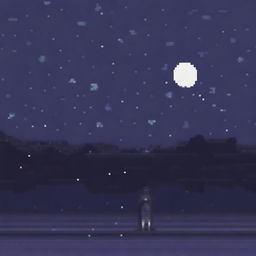 Generate a pixel art image of a person wearing a sweater, looking sad and walking in the night