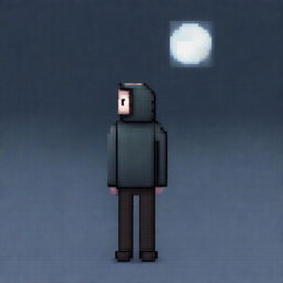 Generate a pixel art image of a person wearing a sweater, looking sad and walking in the night