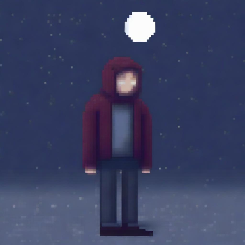 Generate a pixel art image of a person wearing a sweater, looking sad and walking in the night