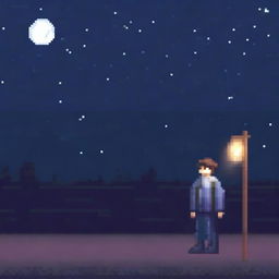 Generate a pixel art image of a realistic person wearing a sweater, looking sad and walking in the night