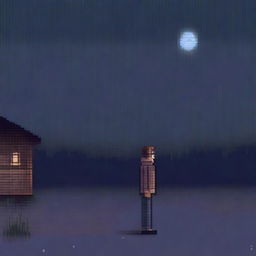 Generate a pixel art image of a realistic person wearing a sweater, looking sad and walking in the night