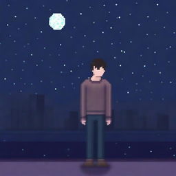 Generate a pixel art image of a realistic person wearing a sweater, looking sad and walking in the night