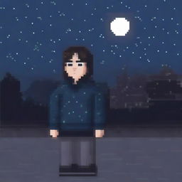 Generate a pixel art image of a realistic person wearing a sweater, looking sad and walking in the night