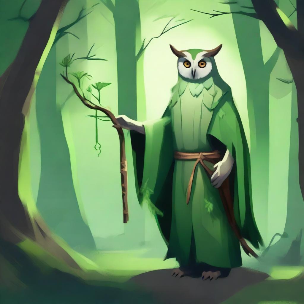 Generate an image of an owlfolk druid, standing in a mystical forest, staff in hand, surrounded by ethereal green energy.