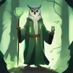 Generate an image of an owlfolk druid, standing in a mystical forest, staff in hand, surrounded by ethereal green energy.