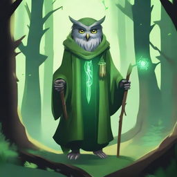 Generate an image of an owlfolk druid, standing in a mystical forest, staff in hand, surrounded by ethereal green energy.