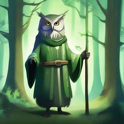 Generate an image of an owlfolk druid, standing in a mystical forest, staff in hand, surrounded by ethereal green energy.