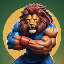 A vibrant animated logo featuring a powerful lion-beast with massive arms showcasing its strength for a Panja (Indian arm wrestling) league, set on an engaging and lively background.