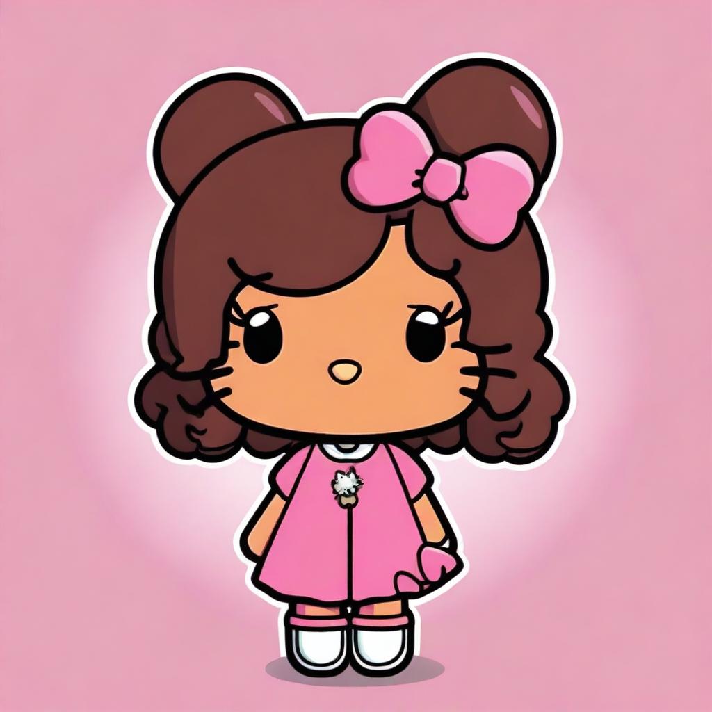 Create an image of a brown-skinned Hello Kitty character with black, curly hair