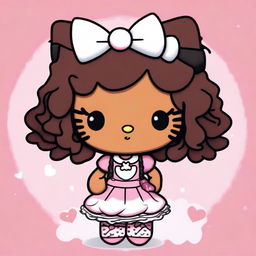 Create an image of a brown-skinned Hello Kitty character with black, curly hair