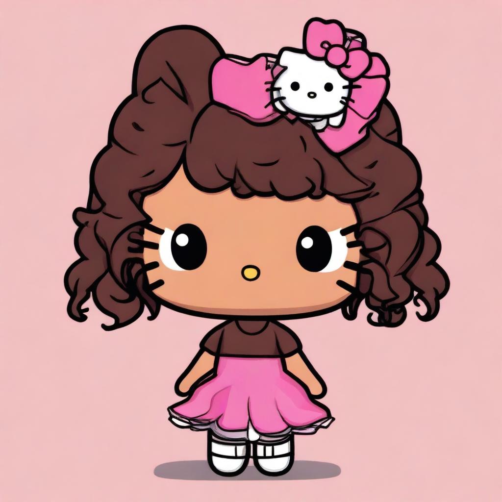 Create an image of a brown-skinned Hello Kitty character with black, curly hair