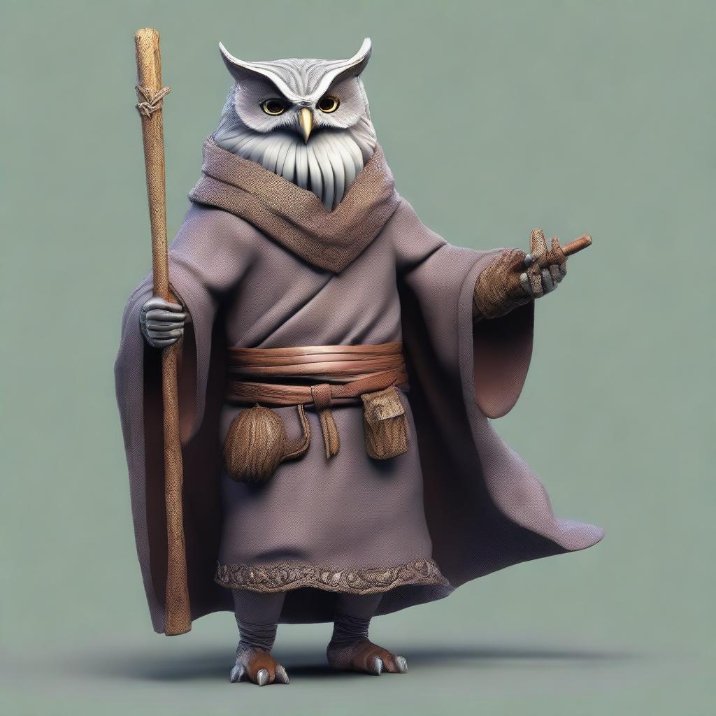 Generate an image of an old, realistic owl-folk druid