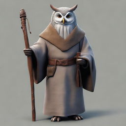 Generate an image of an old, realistic owl-folk druid