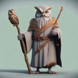 Generate an image of an old, realistic owl-folk druid