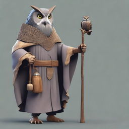 Generate an image of an old, realistic owl-folk druid