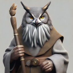 Create an image of an old, realistic owl-folk druid