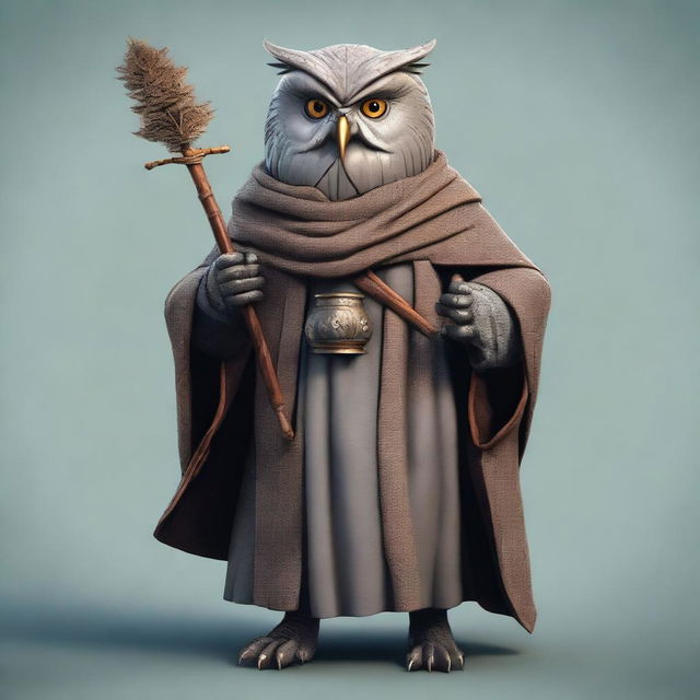 Create an image of an old, realistic owl-folk druid