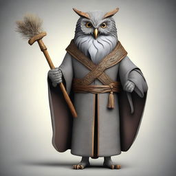 Create an image of an old, realistic owl-folk druid