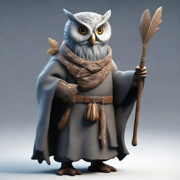 Create an image of an old, realistic owl-folk druid