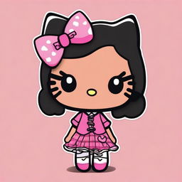 Modify the previous image to depict Hello Kitty with black hair and a darker shade of brown skin