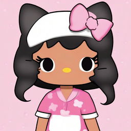 Modify the previous image to depict Hello Kitty with black hair and a darker shade of brown skin