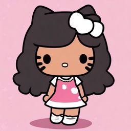 Modify the previous image to depict Hello Kitty with black hair and a darker shade of brown skin