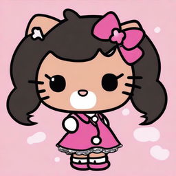 Modify the previous image to depict Hello Kitty with black hair and a darker shade of brown skin