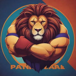 A vibrant animated logo featuring a powerful lion-beast with massive arms showcasing its strength for a Panja (Indian arm wrestling) league, set on an engaging and lively background.