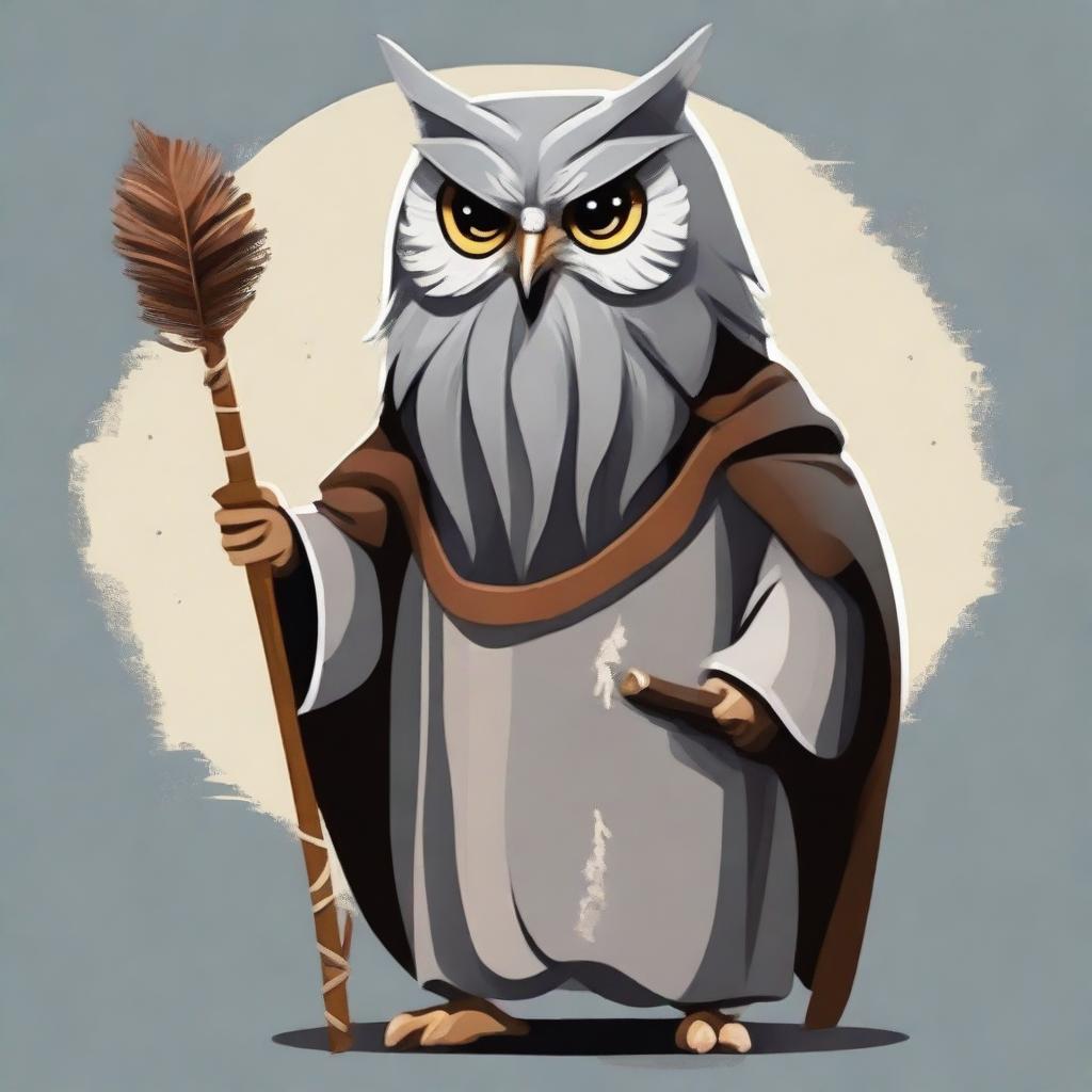 Create an image of an old, artistically styled owl-folk druid