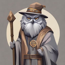 Create an image of an old, artistically styled owl-folk druid