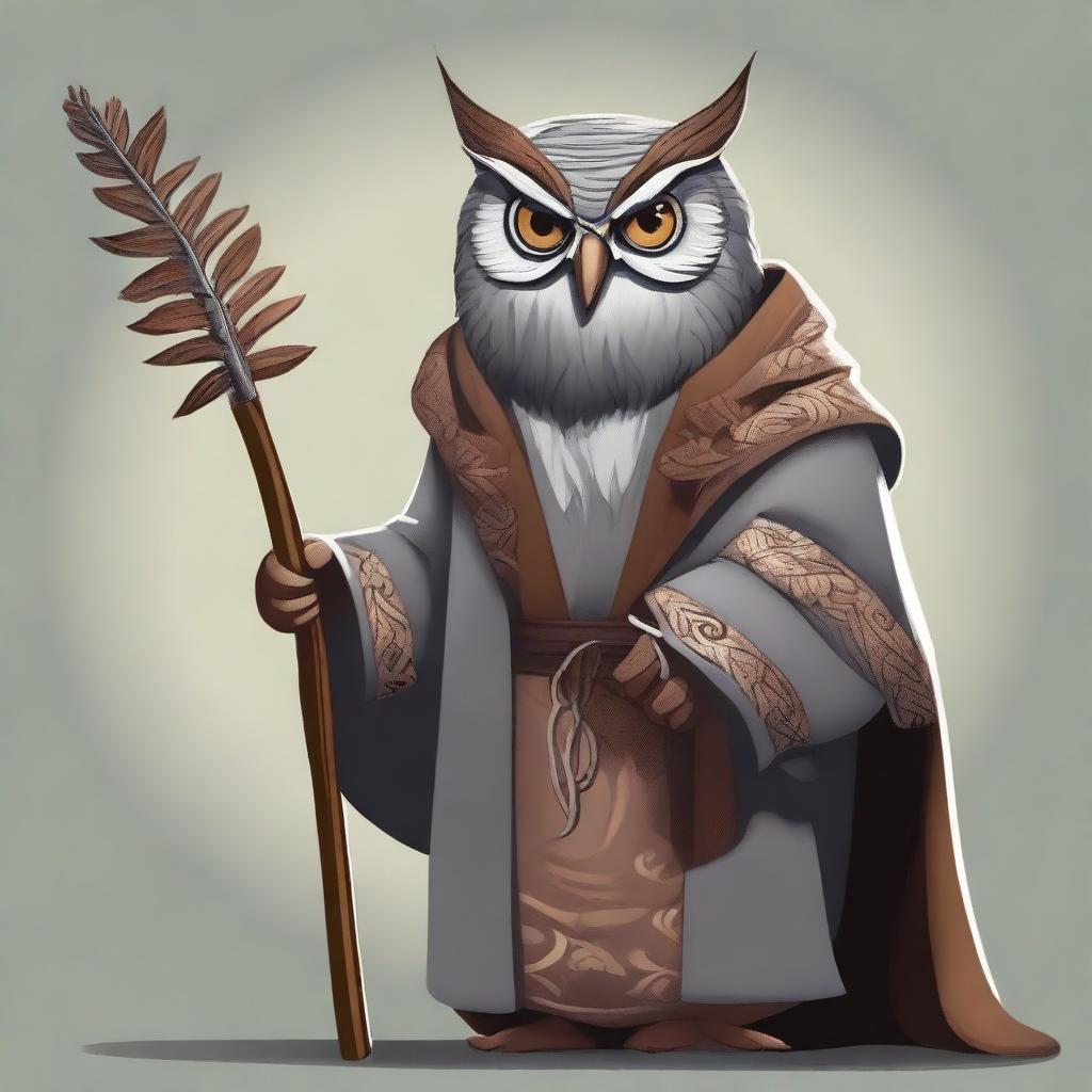 Create an image of an old, artistically styled owl-folk druid