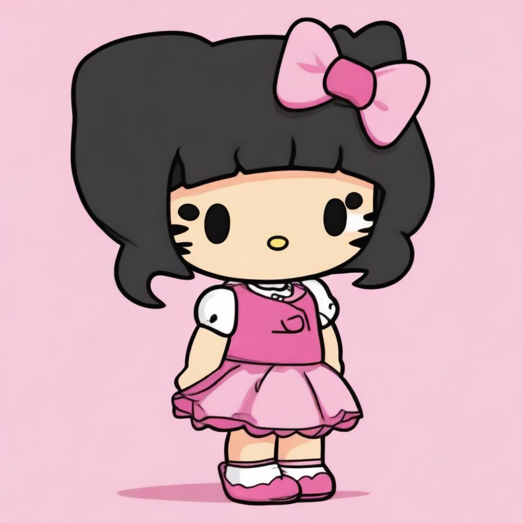 Revise the previous image to show Hello Kitty with black hair and a darker skin tone