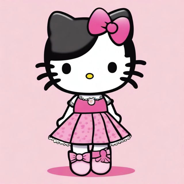 Revise the previous image to show Hello Kitty with black hair and a darker skin tone