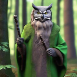 Generate a hyper-realistic image of an old owl-folk druid