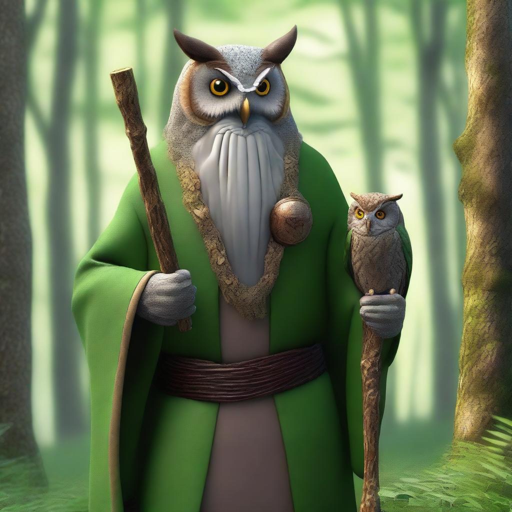 Generate a hyper-realistic image of an old owl-folk druid