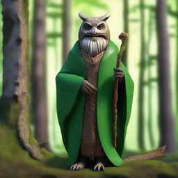 Generate a hyper-realistic image of an old owl-folk druid