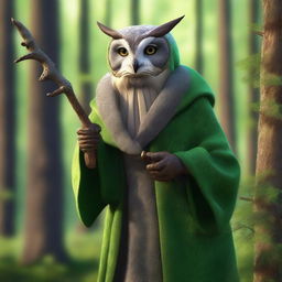 Generate a hyper-realistic image of an old owl-folk druid