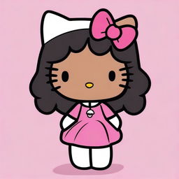 Update the previous image to illustrate Hello Kitty with black hair and dark brown skin