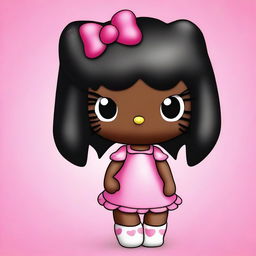 Update the previous image to illustrate Hello Kitty with black hair and dark brown skin