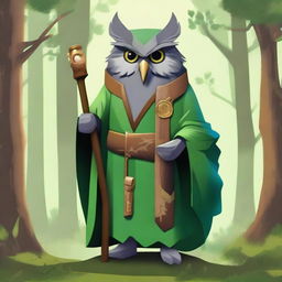 Create an image of an old, video-game styled owl-folk druid