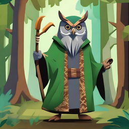 Create an image of an old, video-game styled owl-folk druid