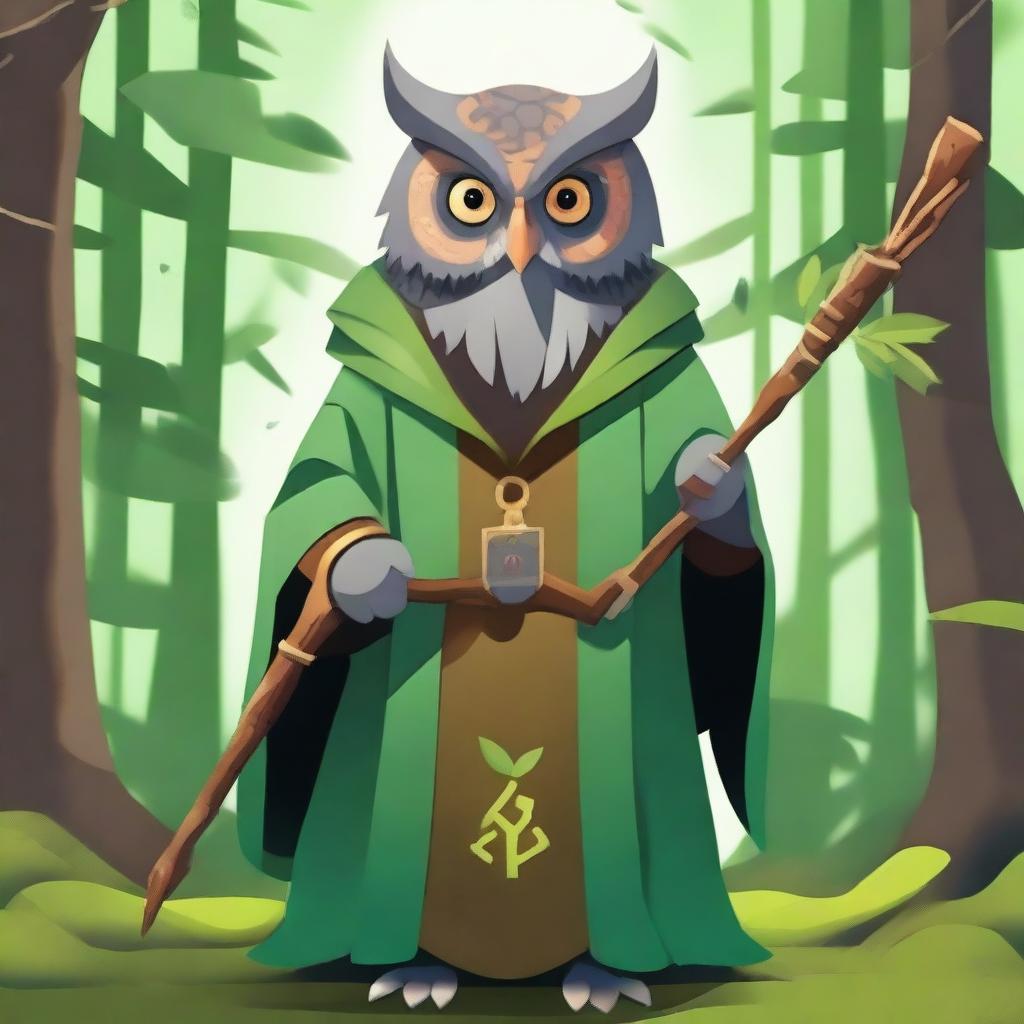 Create an image of an old, video-game styled owl-folk druid