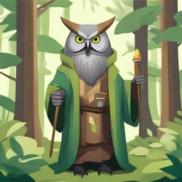 Create an image of an old, video-game styled owl-folk druid