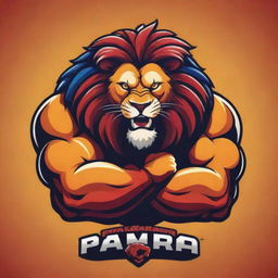 A vibrant animated logo featuring a powerful lion-beast with massive arms showcasing its strength for a Panja (Indian arm wrestling) league, set on an engaging and lively background.