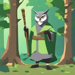 Generate an image in the style of a video game, featuring an old owl-folk druid