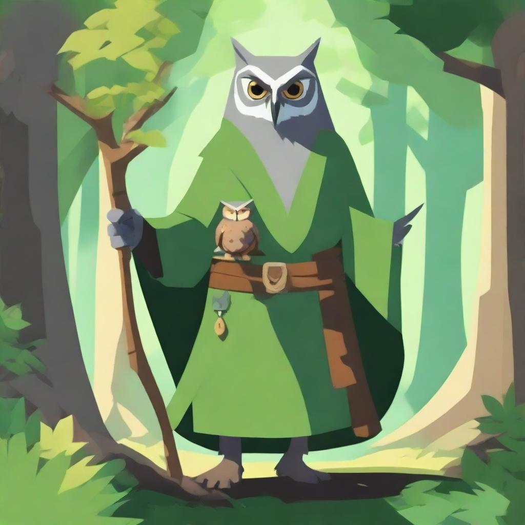 Generate an image in the style of a video game, featuring an old owl-folk druid